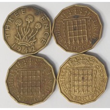 GREAT BRITAIN UK ENGLAND  1942 - 1961 . THREEPENCE . 4 BRASS COINS